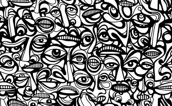 Beyaz arkaplanda siyah ve beyaz desenli, karikatür yüzlü, soyut çizimli. Kusursuz çizim..