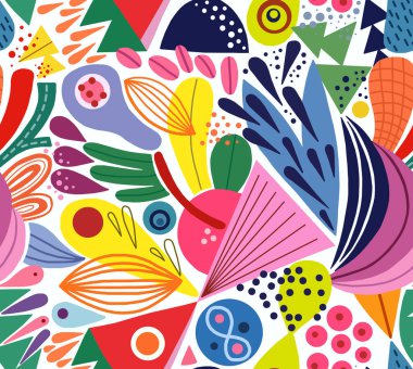 Elle çizilmiş geometrik şekillerden parlak renklerle boyanmış soyut mozaik desen. Kusursuz arkaplan.