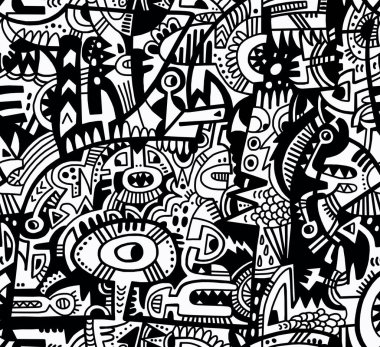 Siyah ve beyaz, elle çizilmiş karalamalar. Kusursuz desen..