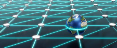 network route through Earth Globe, abstract banner of worldwide internet or energy web clipart