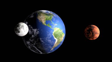 Dünya; Mars ve Ay uzay arka planında