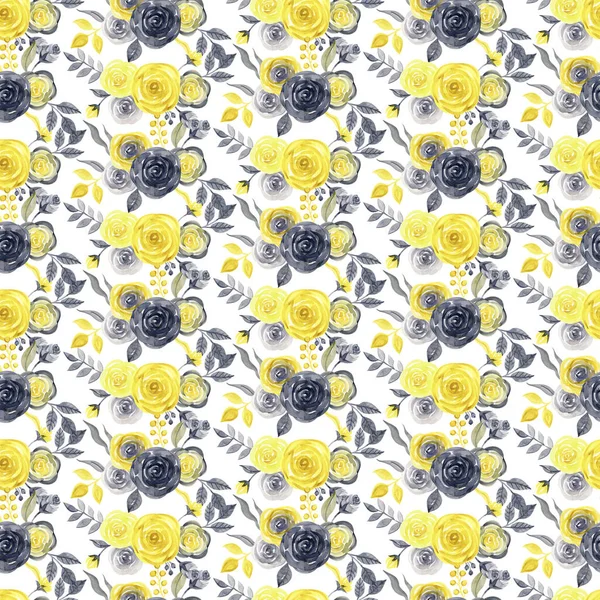 Watercolor bright summer pattern yellow and gray abstract flowers.