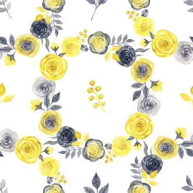Nihai gri ve aydınlatıcı sarı renkte çiçekler. Suluboya kusursuz desen.