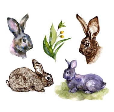Mutlu Paskalyalar. Sevimli tavşan karakterleri. Romantik kompozisyon. Bahar davetiyeleri, afişler, tebrik kartı tasarımları için iyidir.
