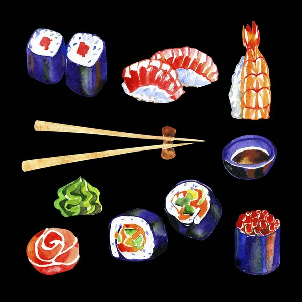 japanese food. sushi with seafood on black background.