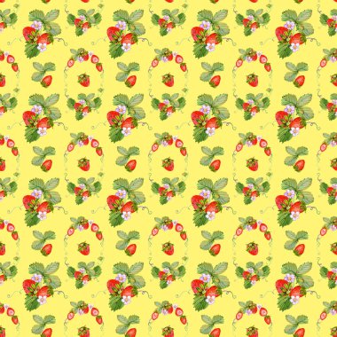 Çilekli arka plan, çiçekler, yabanmersinleri, yapraklar. Yaz kapağı için suluboya kusursuz doku çizimi botanik duvar kağıdı deseni, klasik parti arka planı, düğün davetiyesi