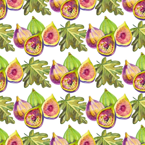 Seamless pattern figs and leaves. Summer and spring watercolor illustration. Fruits texture in violet shades. Fresh and bright design. Can be used for a poster, printing on fabric. Nature. Food