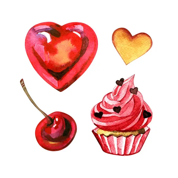 Watercolor Valentines Day sweets and pastry collection of elements isolated on white background. Hand painted hearts cherry, cupcake objects set for decor.