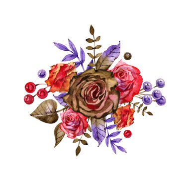 Beyaz arka planda izole edilmiş çikolatalı suluboya çiçek aranjmanı.