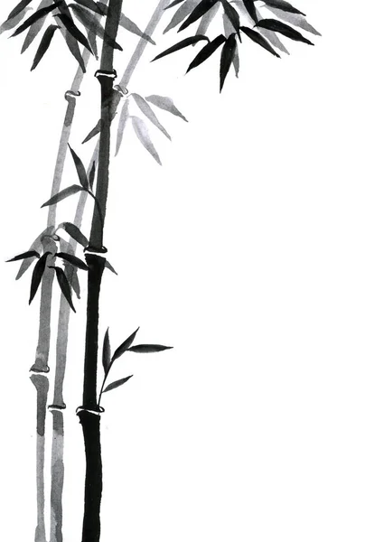 Ink painting with bamboo tree in simple minimalist style on rice paper background. Traditional oriental ink painting sumi-e, u-sin, go-hua. Hieroglyph - clarity.