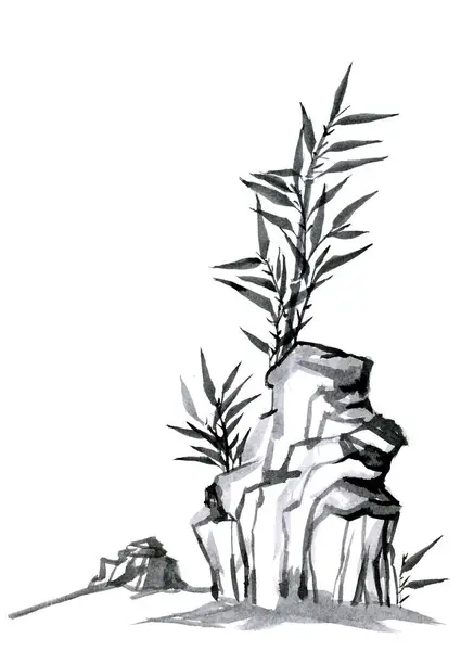 Ink painting with bamboo tree in simple minimalist style on rice paper background. Traditional oriental ink painting sumi-e, u-sin, go-hua. Hieroglyph - clarity.