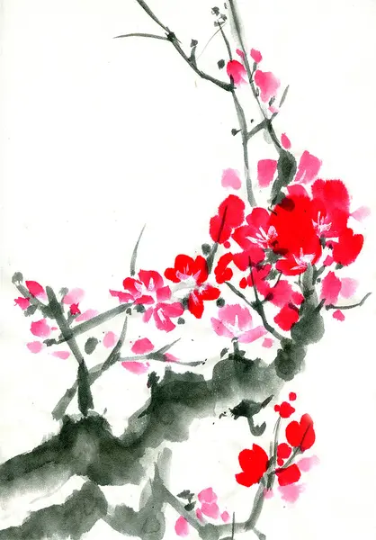 A branch of a blossoming tree. Pink and red stylized flowers of plum mei, wild apricots and sakura . Watercolor and ink illustration in style sumi-e, u-sin. Oriental traditional painting
