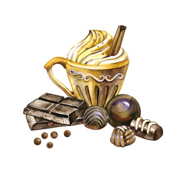 Çay tabağıyla suluboya kahve fincanı, çikolata, şeker, el yapımı içecek çizimi, beyaz arka planda izole edilmiş.