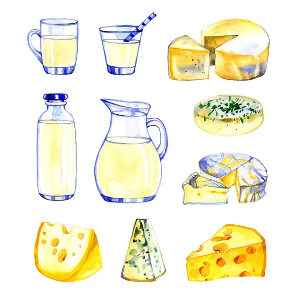illustration with watercolor food. Watercolor illustration of a painting technique. Fresh organic food - cheese and milk.