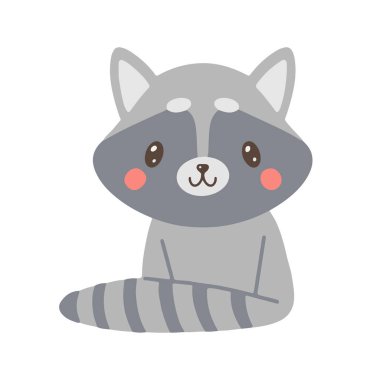 Şirin El Çizilmiş rakun. Gri rakunla yazdır. Çocuk odası sanatı, çocuk tasarımı. Çocuk stili. Duvar Sanatı için Çizgi Film Vektör İllüstrasyonu, Bebek Kartı