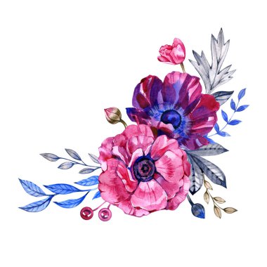 Anemon. Elle boyanmış çiçek bileşimi. Okaliptüs, lale, şakayık, gül, anemon çiçeği ve yaprakların suluboya çizimi. Beyaz arkaplanda izole edilmiş doğal nesneler.