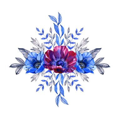 Mavi suluboya çiçek buketleri, şakayıklar, yeşillikler ve böğürtlenler, buketler. Moda renk koleksiyonu. İzole ve düzenlenebilir.