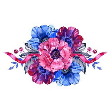 Mavi suluboya çiçek buketleri, şakayıklar, yeşillikler ve böğürtlenler, buketler. Moda renk koleksiyonu. İzole ve düzenlenebilir.