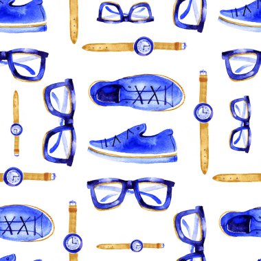 Erkeklerin aksesuarları kusursuz, beyaz arka planda elle çizilmiş suluboya çizimi. Sonsuz dokuyu erkek aksesuarlarıyla sarmak