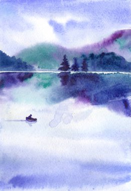 Göl, sis ve tekne ile suluboya manzara