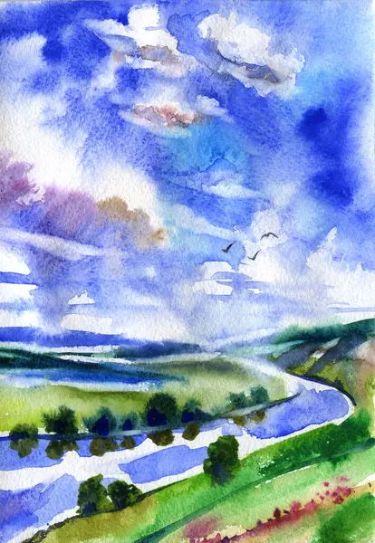 River landscape watercolor illustration. Forest, fields, fast river and birds. Beautiful nature