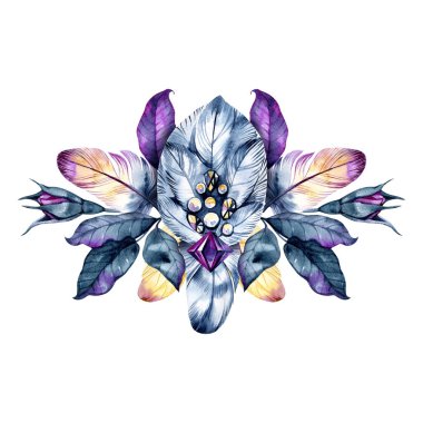 Mor yapraklı, siyah dallı, kristal mantarlı sihirli gül buketinin el çizimi. Ürkütücü korku çiçekleri çiçekli davetiye zarif mistik tasarım