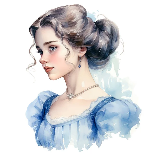 Ilustración Acuarela Hermoso Retrato Mujer Joven Dama Victoriana Vestido Floral — Foto de Stock