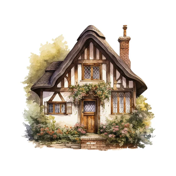 Hand drawn illustration of traditional English village house isolated on white background. Watercolor cozy house with thatched roof, plants and sky