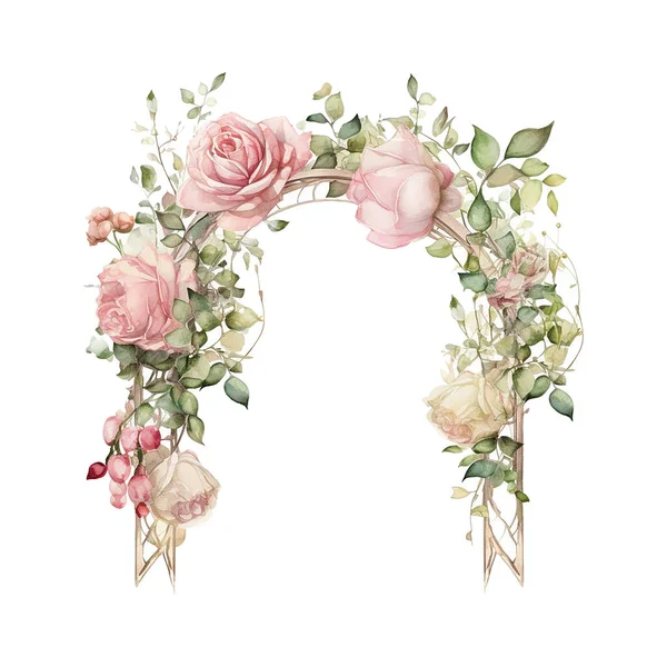 Watercolor wedding arch with pink roses. Vintage design template for invitation, card, poster. illustration, festive frame, decorative arch, window curtain, drapery, flower decorations
