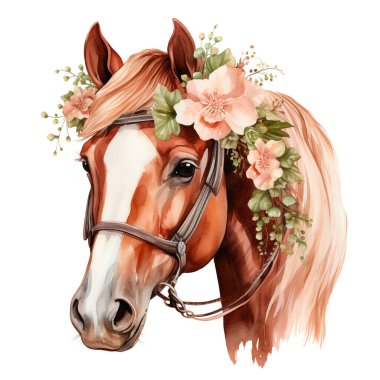 Kahverengi at çiçekli bahar çerçeve, daire, şakayıklı çelenk ve beyaz arka planda izole güller. Portre, kafa. Suluboya. Görüntü.