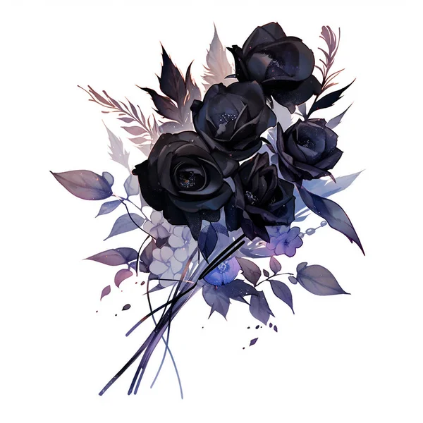 Watercolor Black rose bouquet isolated on white background. Black roses and buds, background white. Black rose.
