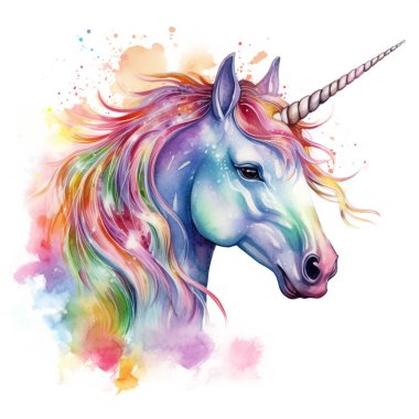 Tek boynuzlu at portresi suluboya resim, gökkuşağı hayvanı. Beyaz arkaplanda izole edilmiş suluboya karakter