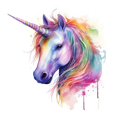 Tek boynuzlu at portresi suluboya resim, gökkuşağı hayvanı. Beyaz arkaplanda izole edilmiş suluboya karakter