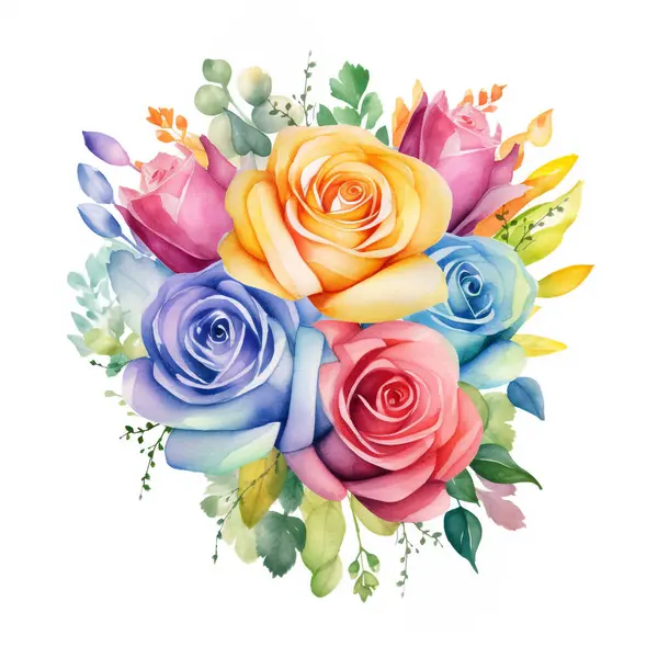 Watercolor flower, bouquet of rainbow roses, bud of colourful rose, rainbow colors, hand drawn illustration. Stock illustration for design, decoration, invitations, greeting cards, postcards, pattern