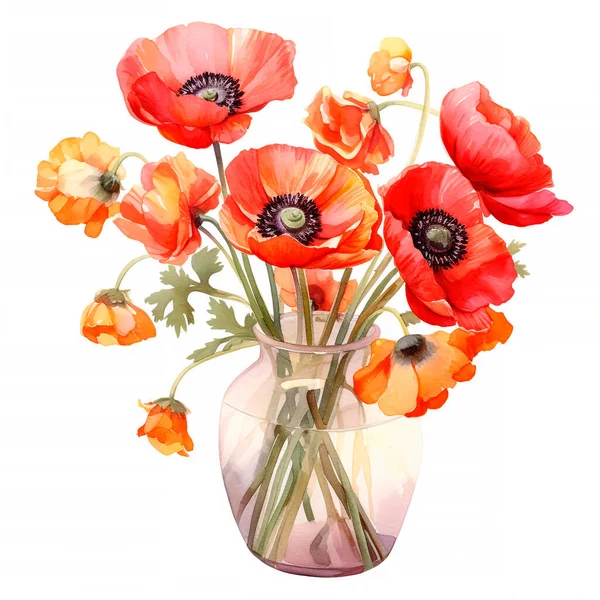 Watercolor Drawing of Red Poppy Flowers Isolated on White. Botanical Illustration of Papaver Rhoeas in Vintage Style. Summer Poppy Artwork. Floral Wedding Decoration Bouquet.