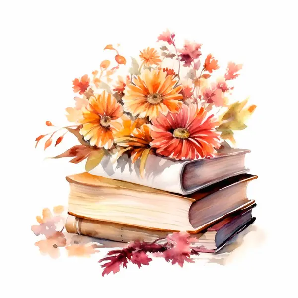 Watercolor illustration of books and autumn leaves. Fall clipart isolated on white bakground