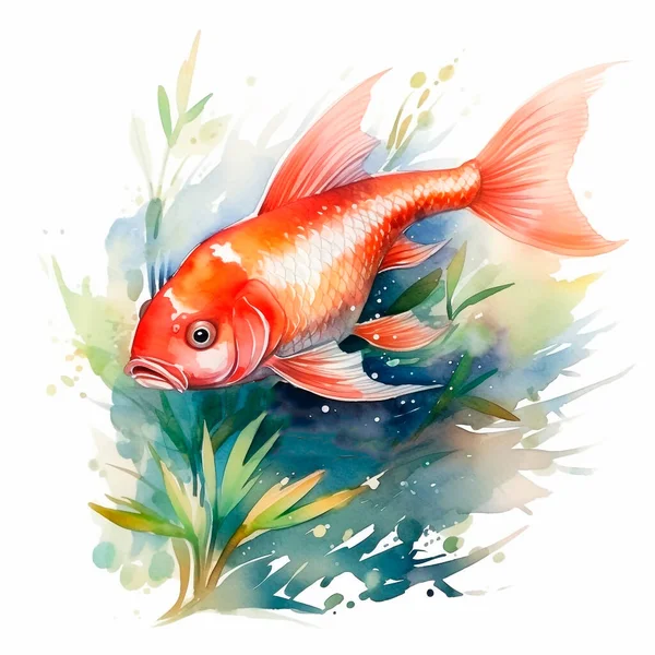 Colorful Koi fish watercolor art detailed illustration with flower splash and water splashes designs wall decor artworks fishes orange-gold color fish and blue water