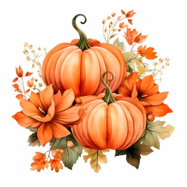 Beyaz arka planda izole edilmiş kabak ve çiçek yapraklı sonbahar suluboya çizimleri. Sonbahar festivalinde dekoratif tebrik kartları ya da posterler tasarlamak için elle boyanmış.