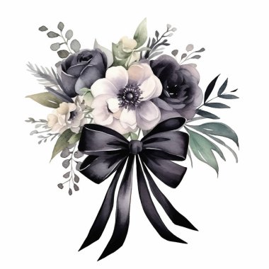 Cadı Kara Gotik Hilal Siyah Güller düğün buketi Karanlık Fantezi Bahçe Sulu Boyası Clipart. Siyah saten kurdeleli Cadılar Bayramı düğün buketi