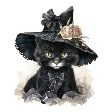 Siyah şapkalı suluboya Viktorya dönemi cadı kedisi. Kara kedi. Mutlu Cadılar Bayramı. Cadılar bayramı şapkalı, çiçekli sevimli siyah kedi yavrusu.