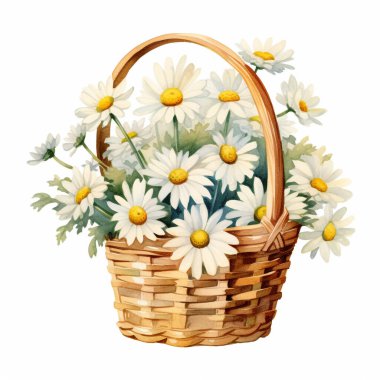 Kamuflajlı sepet suluboya el çizimi yabani çiçekler..