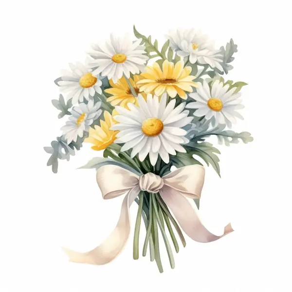 Set of camomile bouquet with satin ribbon hand drawn. Watercolor floral illustration of delicate flowers isolated on light-green background. Chamomiles for printing, logo, postcards, picture.