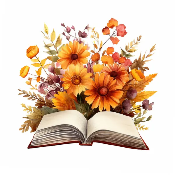 Watercolor autumn composition with open book and fall flowers. Hand painted education card isolated on white background. Floral illustration for design, print or background
