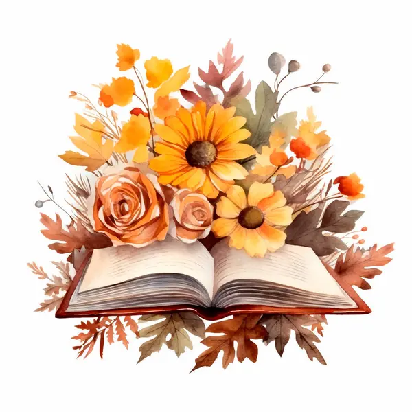Watercolor autumn composition with open book and fall flowers. Hand painted education card isolated on white background. Floral illustration for design, print or background