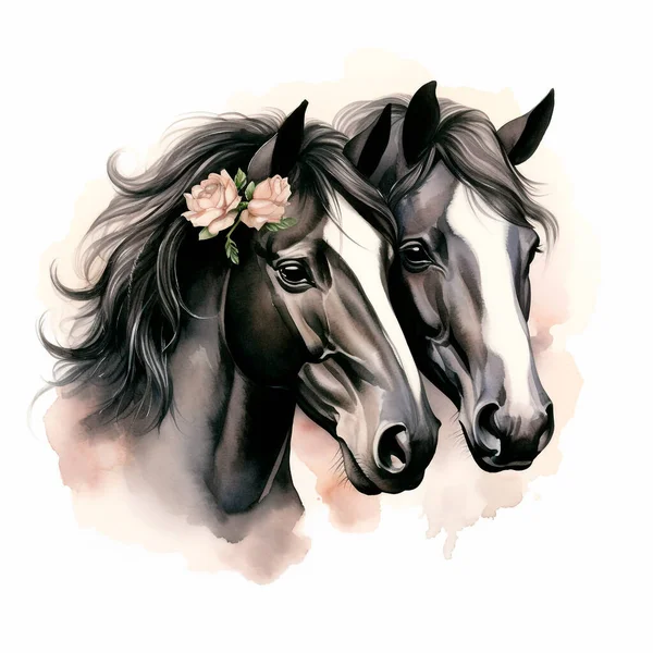 Black horses portrait with flowers. Couple in love, heart. Watercolor Illustration. Sketch hand drawn. Graphics, giclee, invitation.
