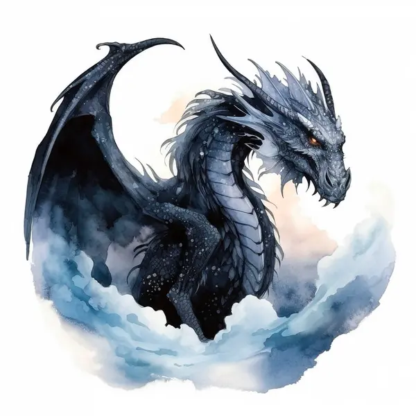Watercolor black dragon illustration isolated on white background