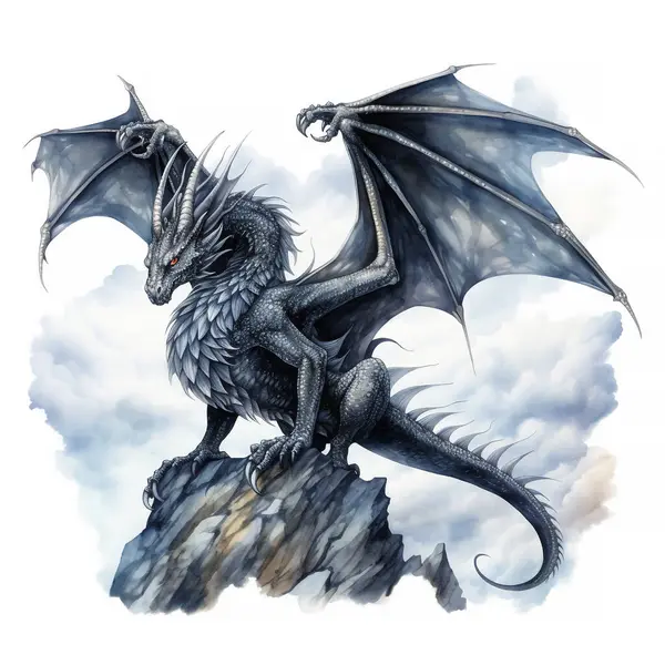 Watercolor black dragon illustration isolated on white background. Dark Fairy tale dragons.