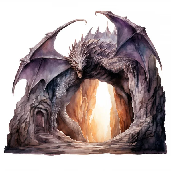 A fantasy painting of a dragon cave. Watercolor illustration isolated on white background