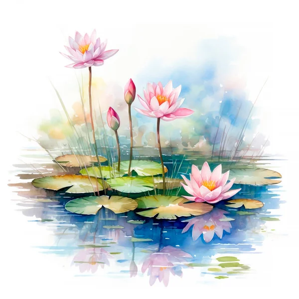 Watercolor light pink water-lilly flower in pond with branch and round leaves.