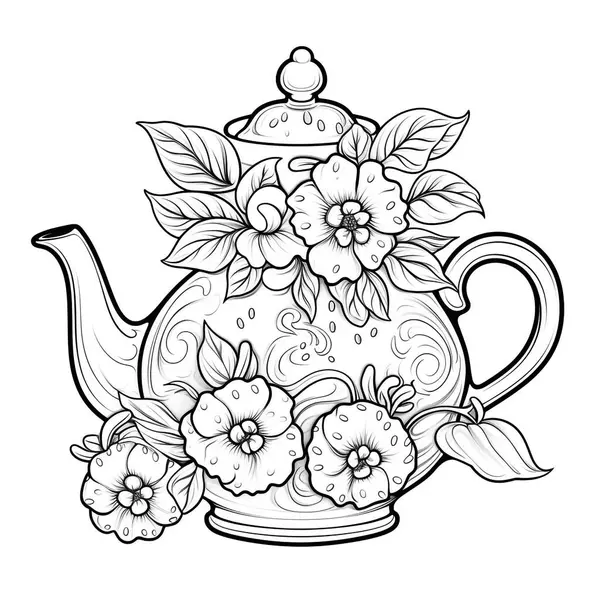 Banner, coloring page Tea Time, tea pot, cup in flowers frame. Anti stress stock illustration.